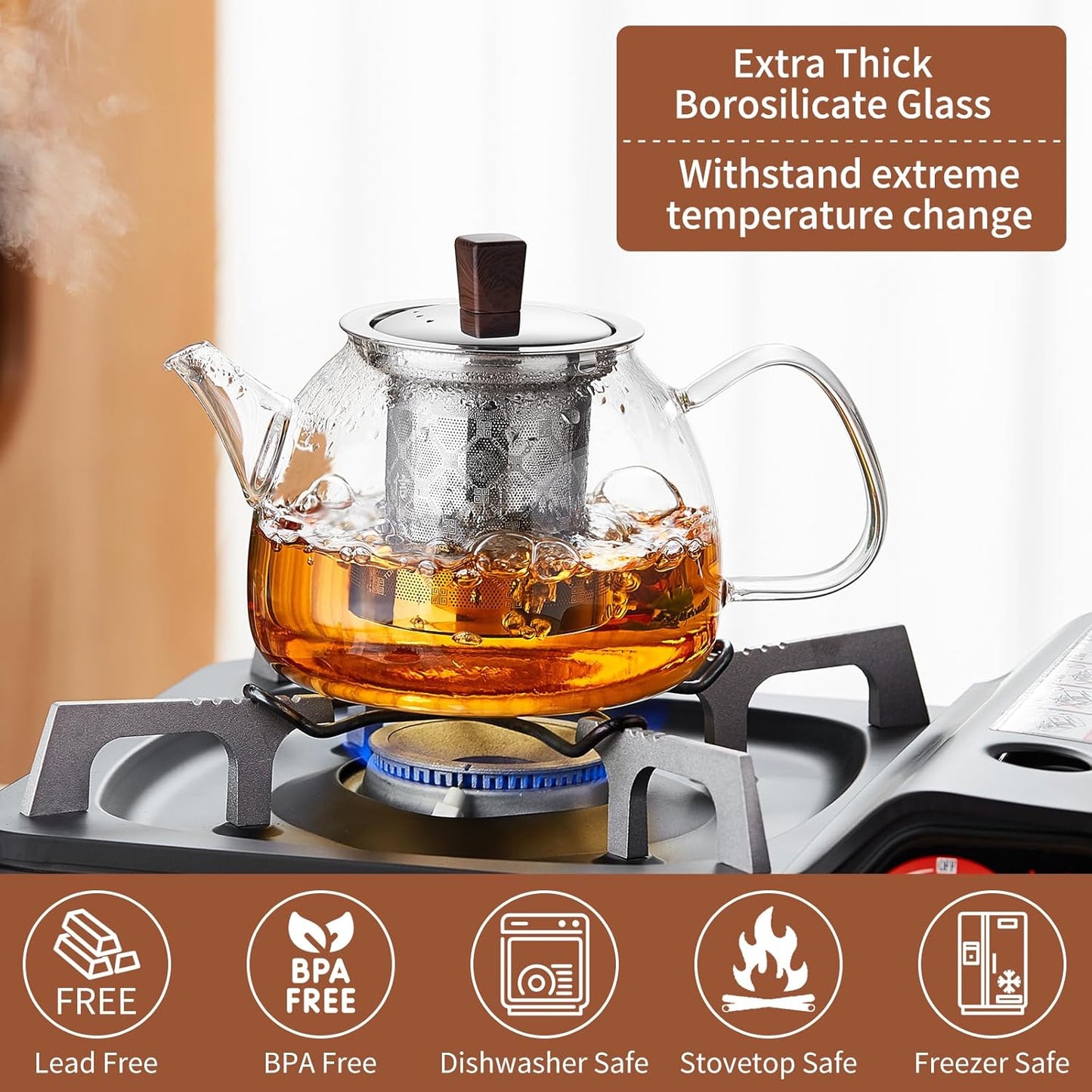 34OZ/1000ml Glass Teapot with Stainless Steel Infuser, Drip-Free Spout, and Wooden Knob Lid – Stovetop Safe Borosilicate Tea Kettle for Loose Leaf and Herbal Tea Brewing