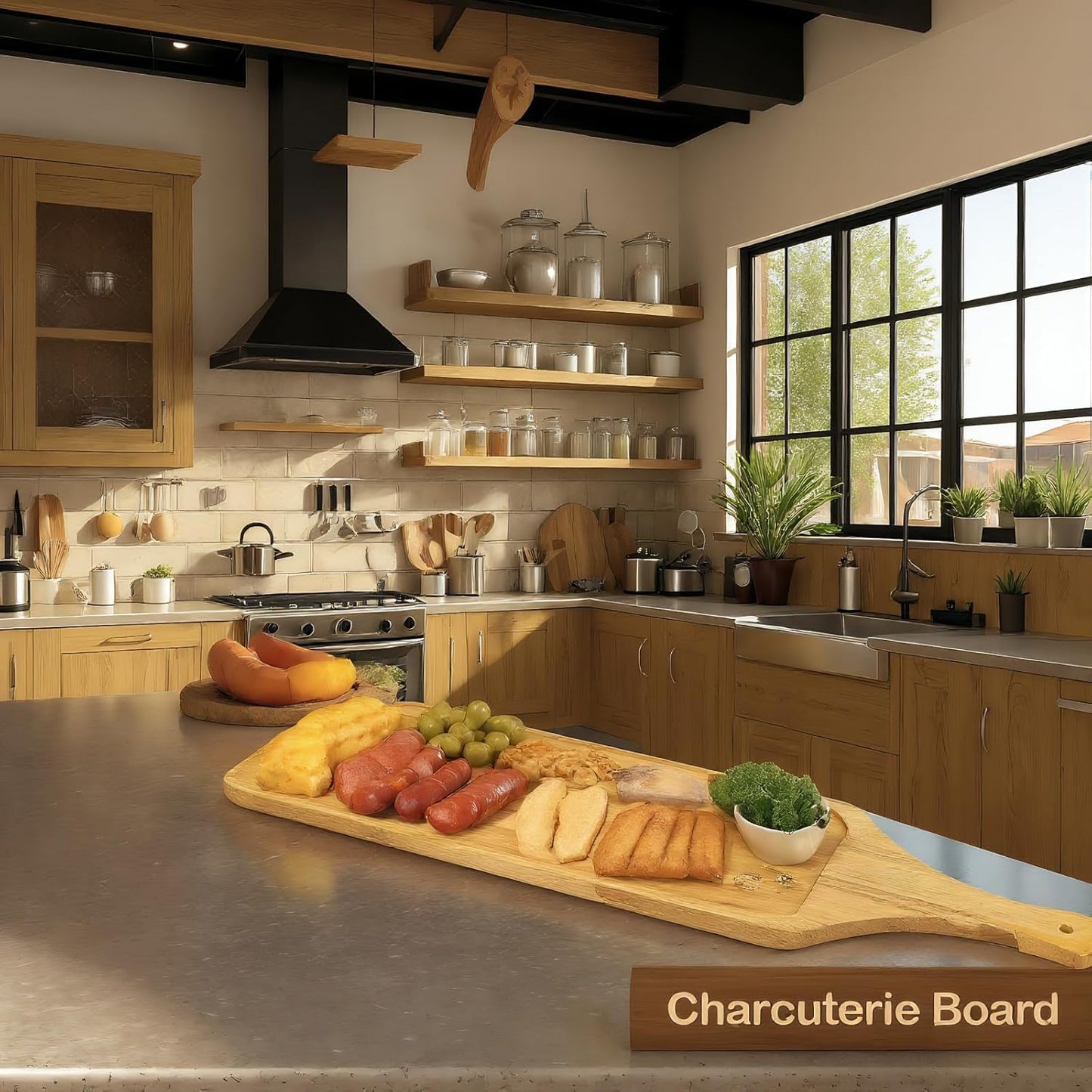 Premium Rubberwood Charcuterie Board with Handle – Durable Wooden Serving Platter for Cheese, Meat, and Appetizers – Perfect for Entertaining, Parties, and Gifts