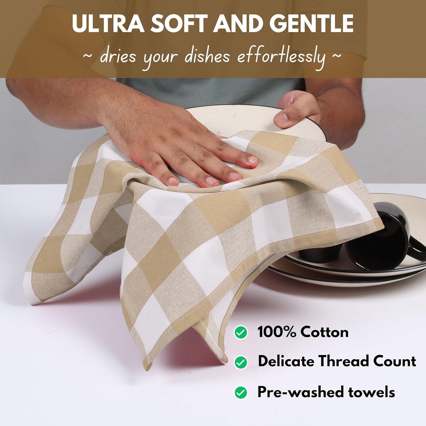 Native Fab 6 Pack Buffalo Check Kitchen Towels16 x26 - Cotton Dish Towels Washable - Absorbent Tea Towels, Soft Hand Towel with Hanging Loop, Dish Cloth Set - Beige White