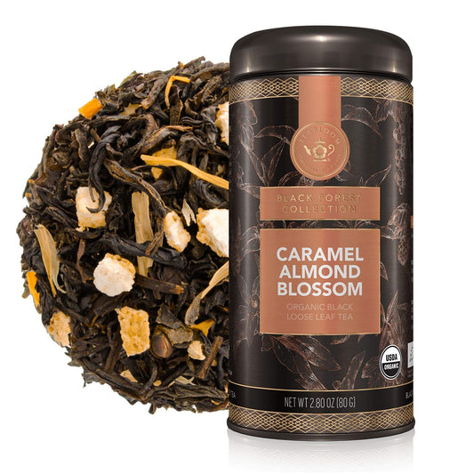 Teabloom Organic Black Tea, Caramel Almond Blossom Loose Leaf Tea, Luxury Dessert Tea, USDA Certified Organic, Certified Kosher, 2.80 Ounce Canister Makes 35-50 Cups