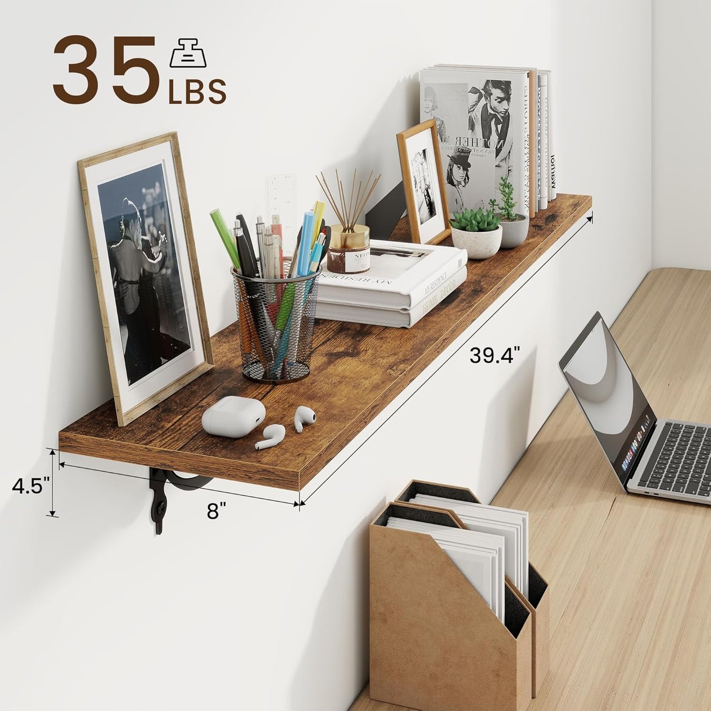 RICHFOCUS Floating Shelves for Wall Decor, 39.4W x 8D Wall Shelves Set of 2, 8 Inch Deep Rustic Wood Shelves Wall Mounted with Brackets, Long Shelves for Living Room Bedroom Kitchen, Rustic Brown