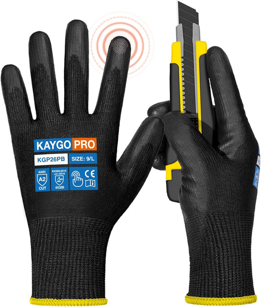 KAYGO Cut Resistant Gloves PU Coated, 12 Pairs Safety Work Gloves with full fingers Touchscreen for Men and Women, ANSI Cut Level A2, Ideal for General Duty Work KG11P, Black,L