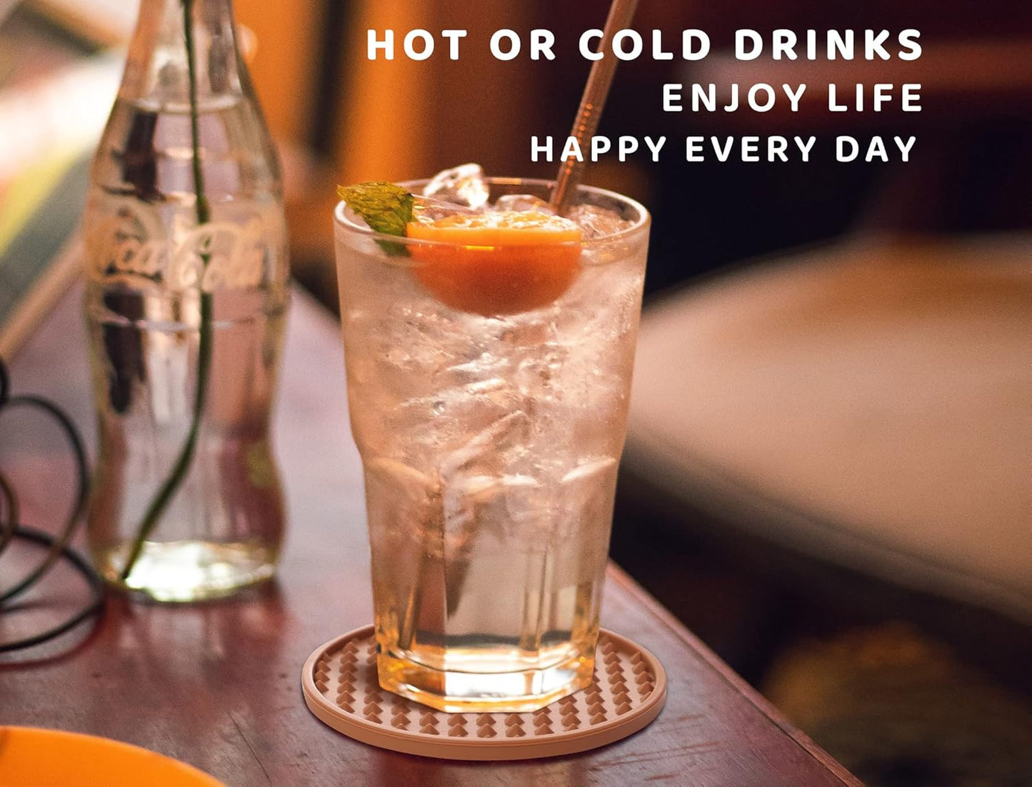 Coasters for Drinks 6 Pack Drink Plastic Coaster with Holder,Heat Resistant Silicone Cup Mat Tabletop Protection,Non-Slip Rubber Coasters for Kinds of Cups (Brown)