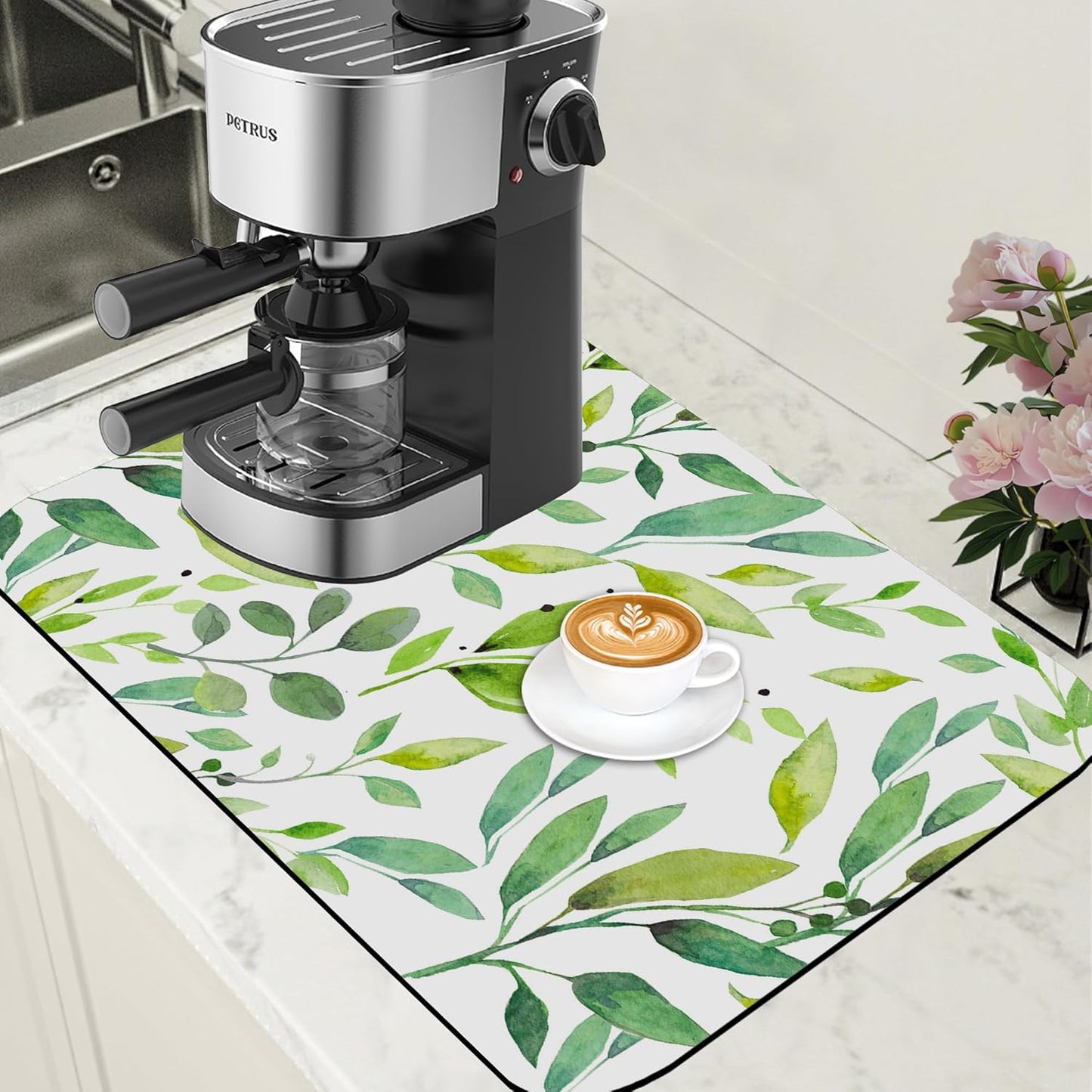 Dish Drying Mat Watercolor Green Leaves Coffee Bar Mat for Countertop Absorbent Hide Stain Rubber Backed Dish Drainer Rack Pad Espresso Machine Cafe Table Decor 15.7 x 23.6 Inch