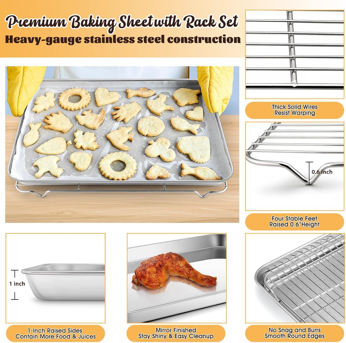 E-far Cookie Sheet with Rack Set, Half Sheet Baking Pan for Oven Cooking, 18”x13” Stainless Steel Rimmed Tray with Wire Cooling Rack for Roasting Broiling Bacon Meat Steak - Dishwasher Safe