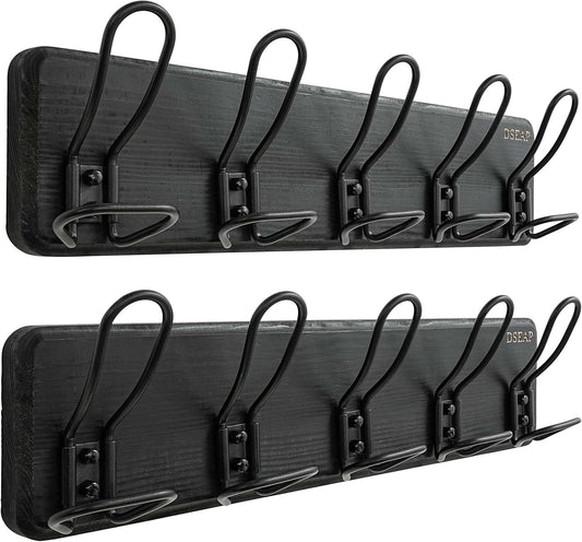 Dseap Coat Rack Wall Mounted - Heavy Duty Farmhouse Rustic Wall Coat Hanger with 5 Wire Hooks for Clothes Hat Jacket Towel, RusticWire, G25A, Black, Pack of 2