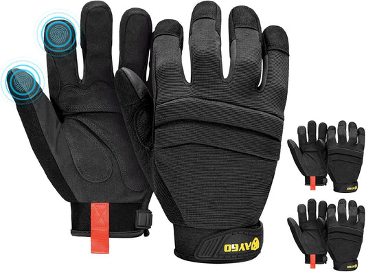 KAYGO Work Gloves For Men, KG125M Mechanic Utility Work Gloves for All Purpose, Excellent Grip, Heavy Duty, Improved Dexterity, Touch Screen,Black，2XL,3 Pairs