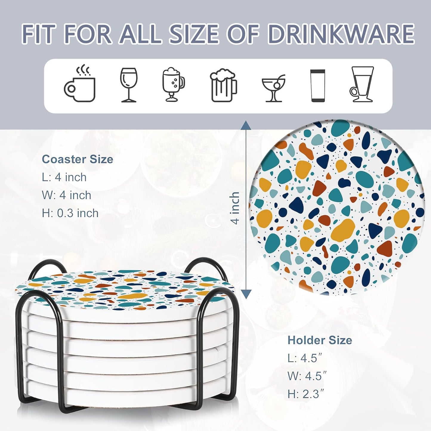 6 Pcs Coasters for Drinks with Holder, Terrazzo Marble Absorbent Ceramic Coasters with Cork Base,Cute Funny Table Drinks Coasters Tabletop Protection Mat,Table Home Decor,4 Inches