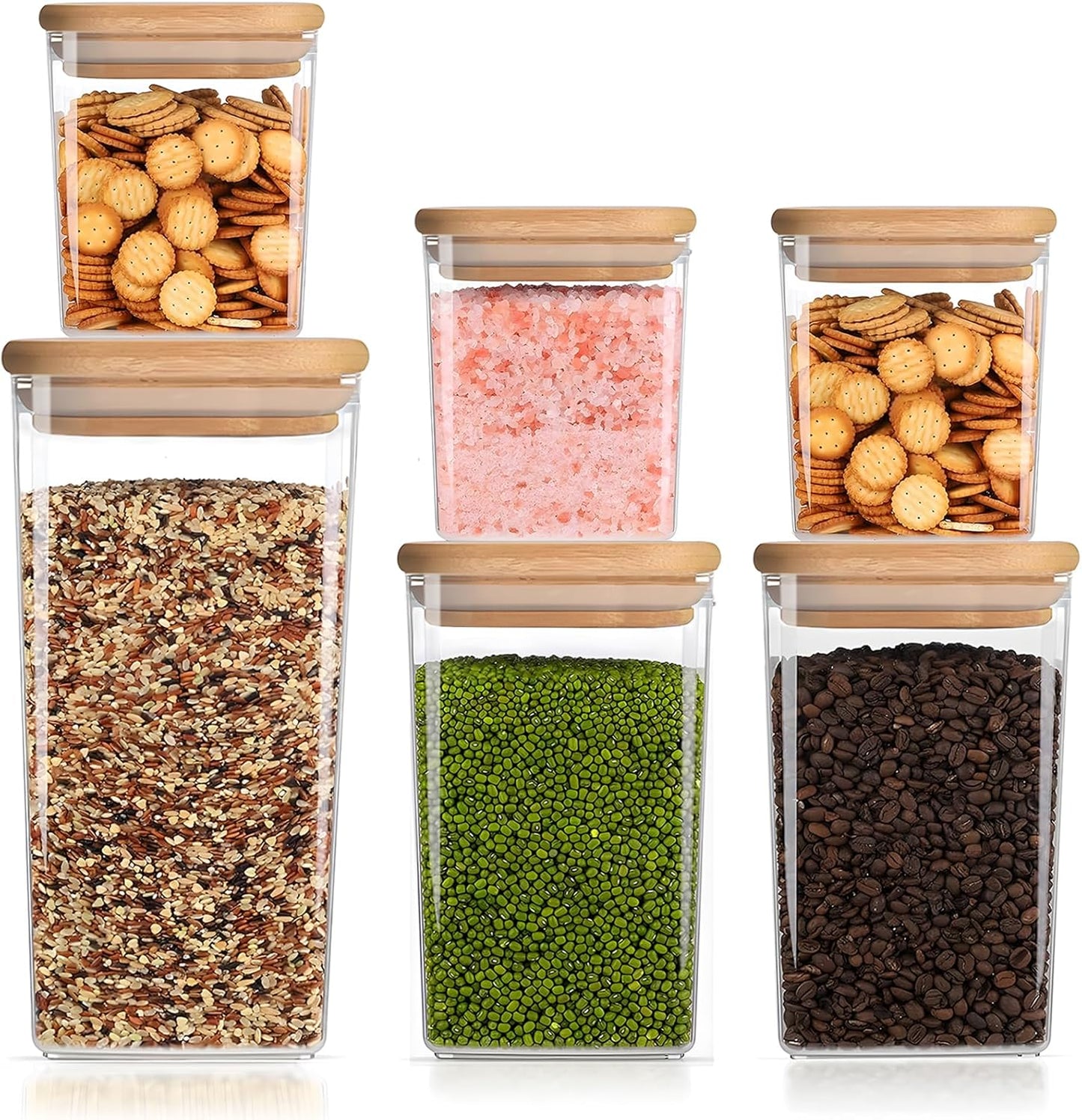 Square Storage Containers with Lids, Clear Food Storage Container Jar with Sealing Bamboo Lid for Noodles Flour Cereal Rice Sugar Tea Coffee Beans