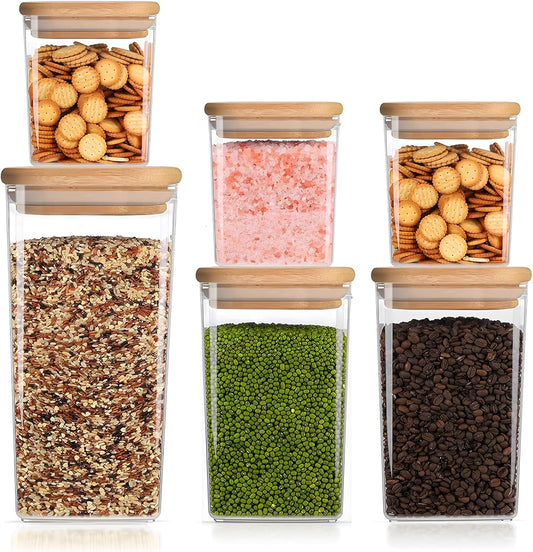 Square Storage Containers with Lids, Clear Food Storage Container Jar with Sealing Bamboo Lid for Noodles Flour Cereal Rice Sugar Tea Coffee Beans