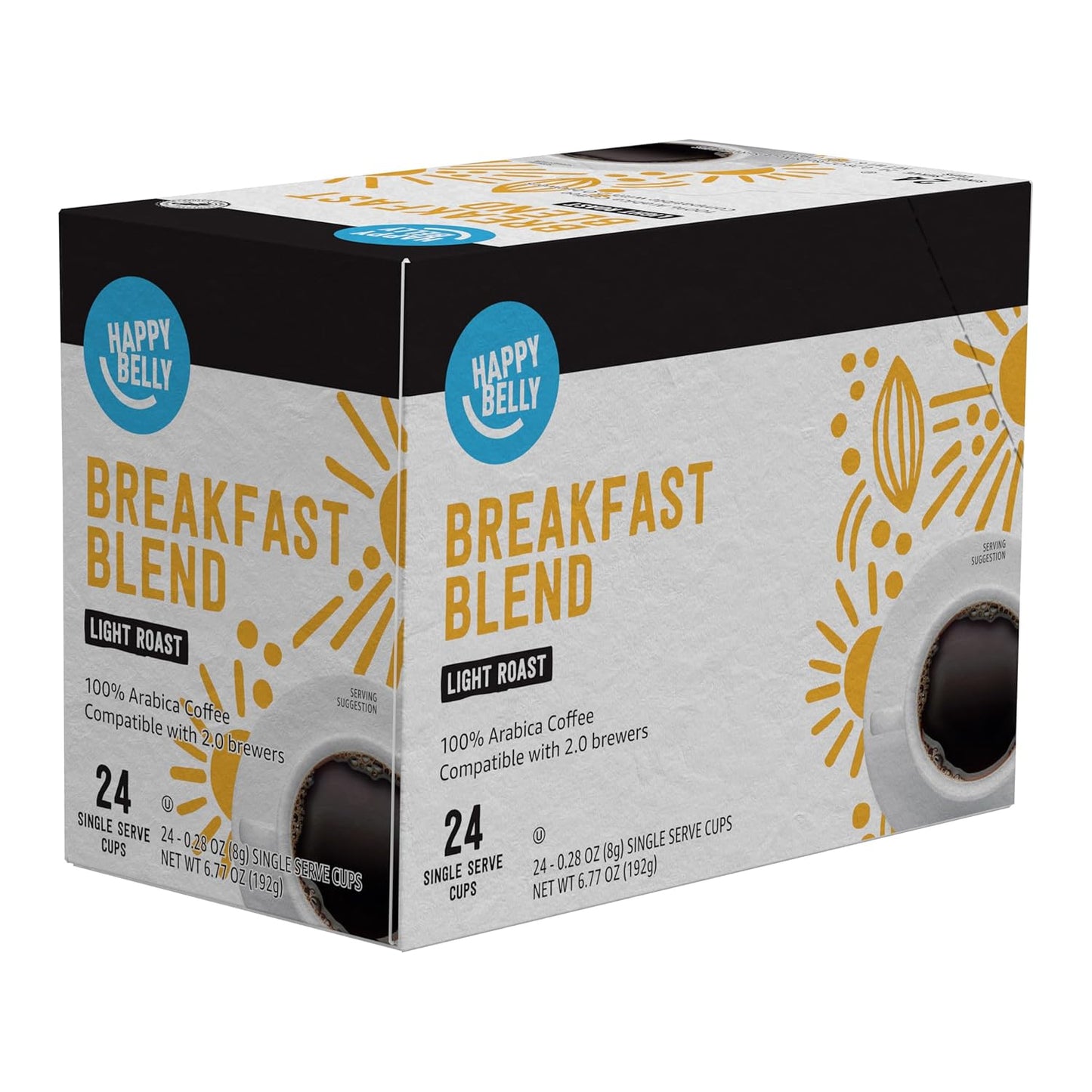 Happy Belly Light Roast Coffee Pods, Breakfast Blend, Compatible with Keurig 2.0 K-Cup Brewers, 24 Count