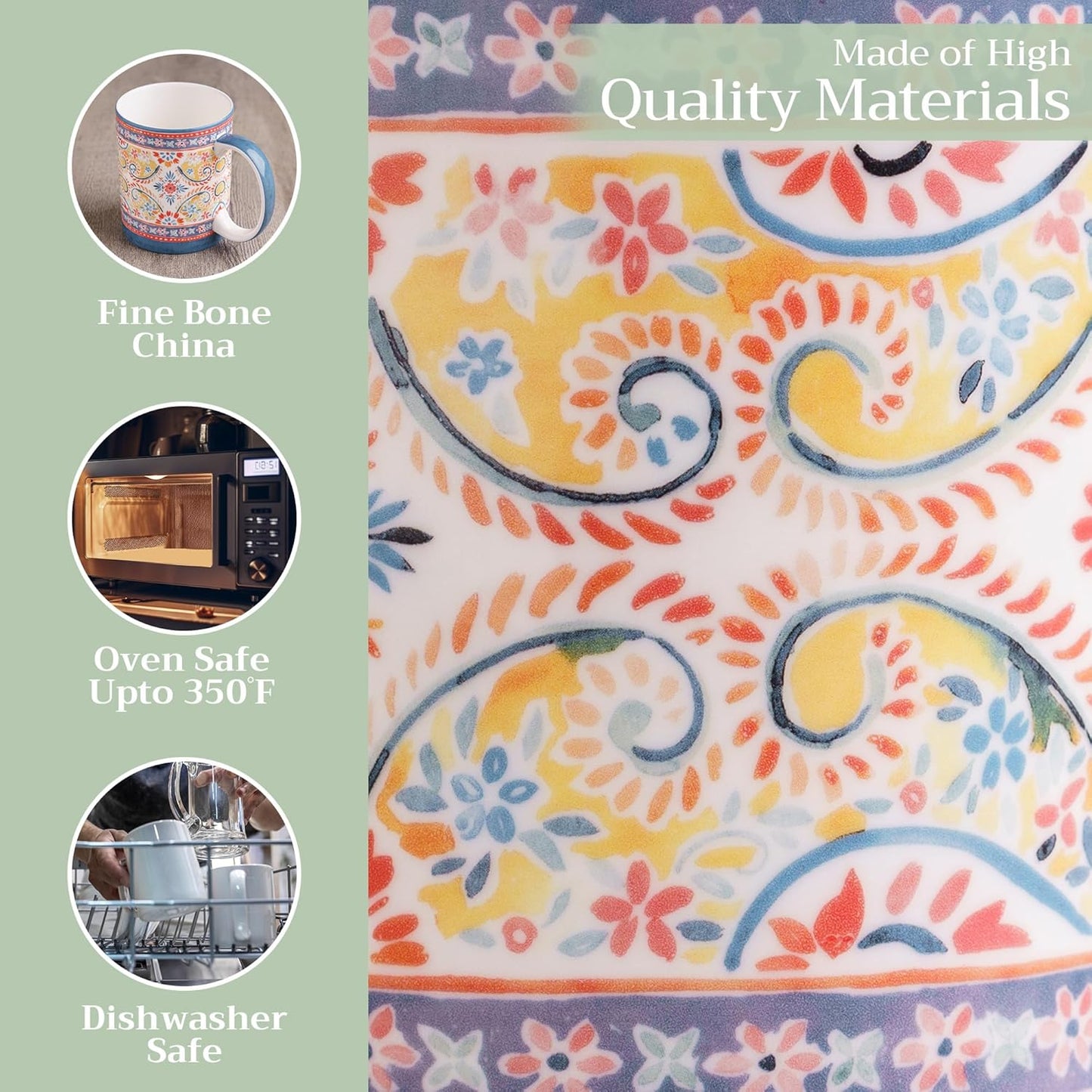 Maison d' Hermine Coffee Mug with Handles Fine Bone China Mugs Pack of One Tea Cups for Hot Beverages Cappuccino Latte Home Restaurant Office Perfect for Gift (Indian Floral - Butta, 12 Ounce)