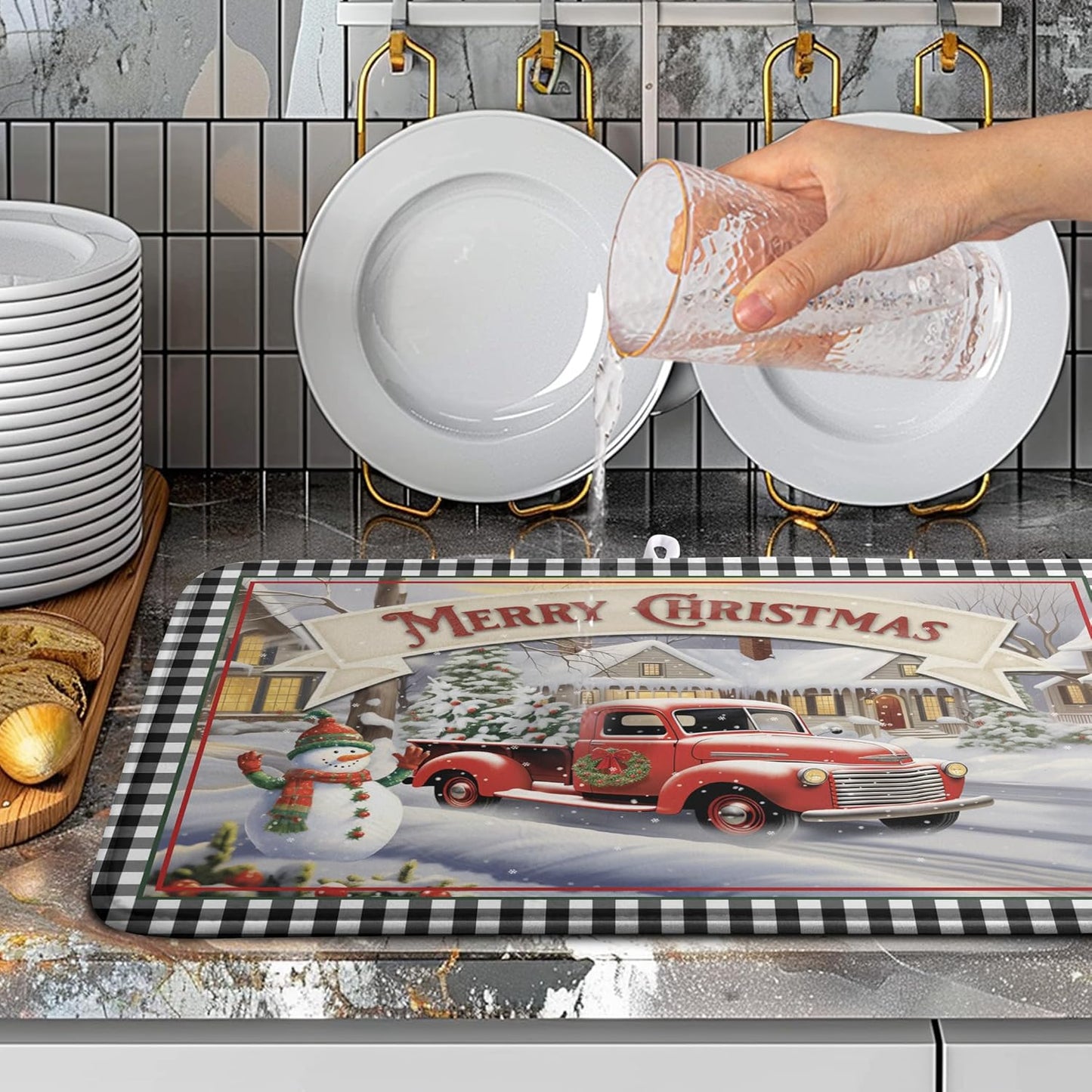 Merry Christmas Dish Drying Mat for Kitchen Winter Snowman Large Dish Drying Mat Buffalo Plaid Kitchen Drying Mat Truck Tree Microfiber Drying Mats Absorbent Dish Pad 18x24 inch