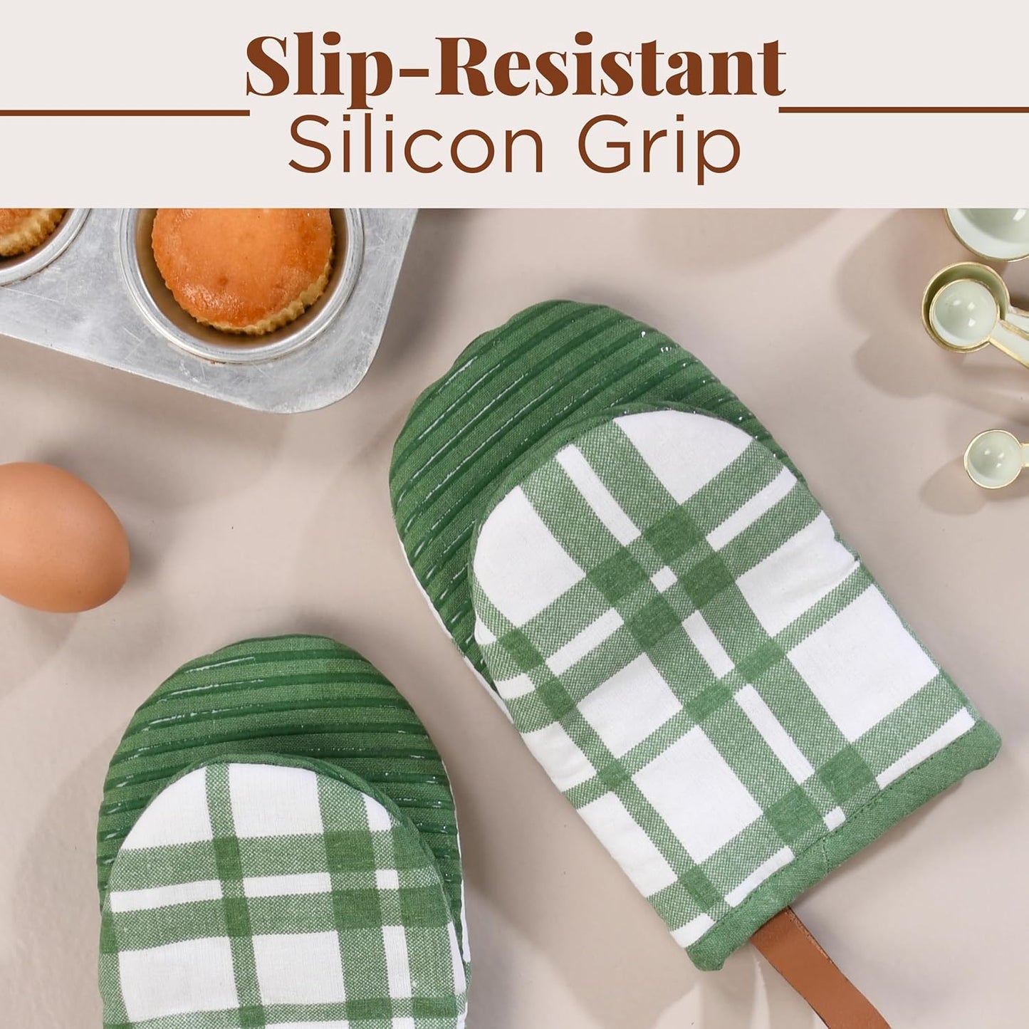 Folkulture Mini Oven Mitts Heat Resistant | (5.75 x9) Set of 2 Short Green Oven Mitts with Hanging Loop | 100% Cotton Oven Gloves or Kitchen Mittens | Small Oven Mitt Set or Green Silicone Oven Mit