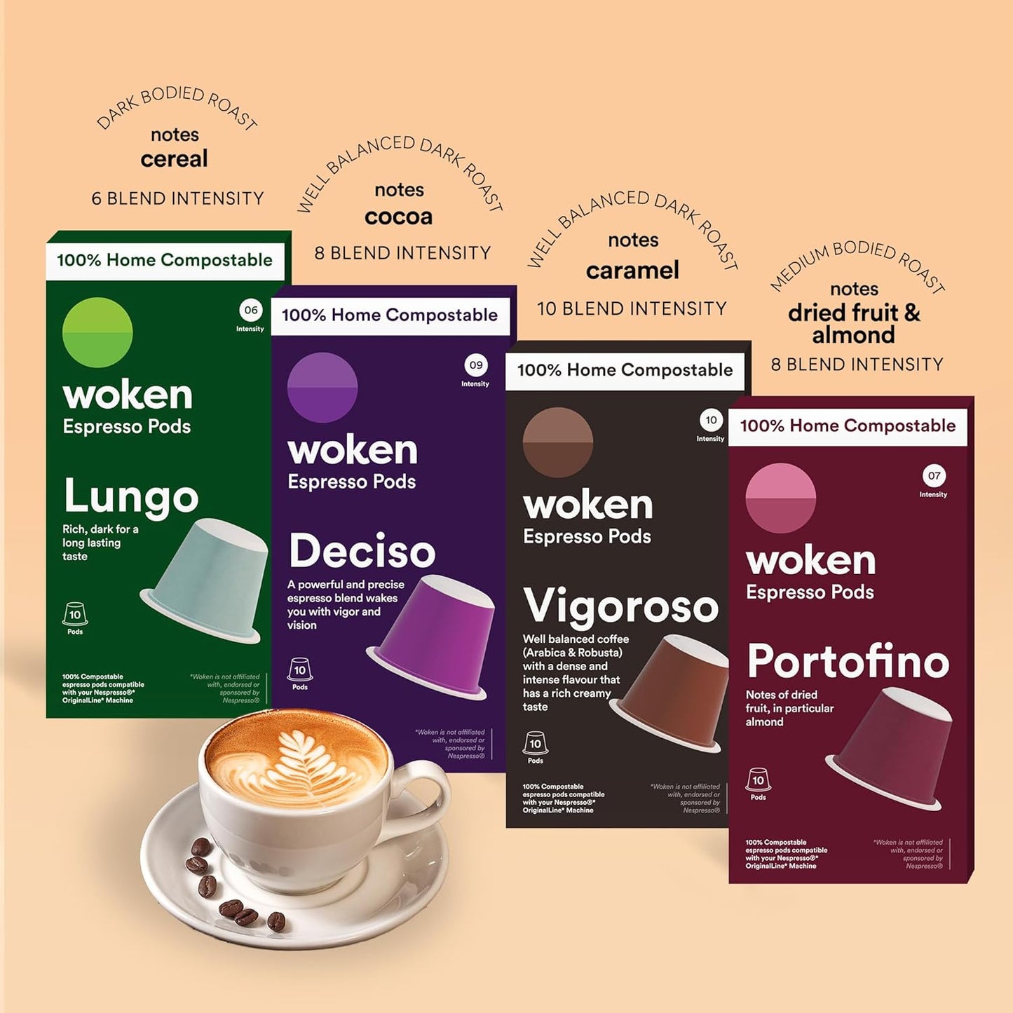 Woken Coffee Compostable Nespresso Pods Variety Pack - Dark and Medium Roast Italian Espresso Compostable Coffee Pods Compatible with Nespresso Machine (40 Pod Count, 4 Boxes)