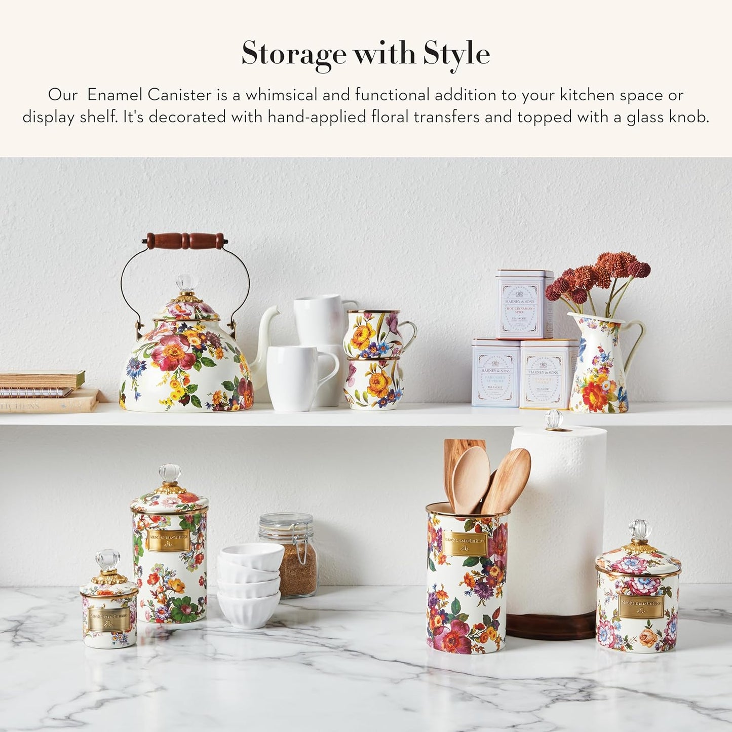 MACKENZIE-CHILDS Large Enamel Canister, Kitchen Storage Container for Flour and Sugar, 1.89 Liters, White Flower Market