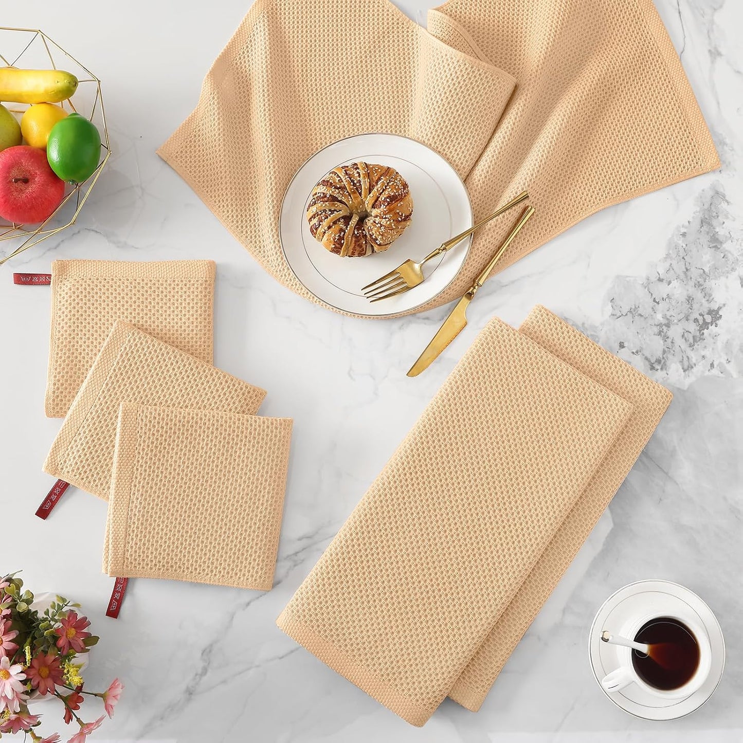 Kitinjoy 100% Cotton Waffle Weave Kitchen Towels (13 X 28 Inches, Apricot), 4-Pack Super Soft and Absorbent Dish Towel for Drying Dishes, Kitchen Hand Towels