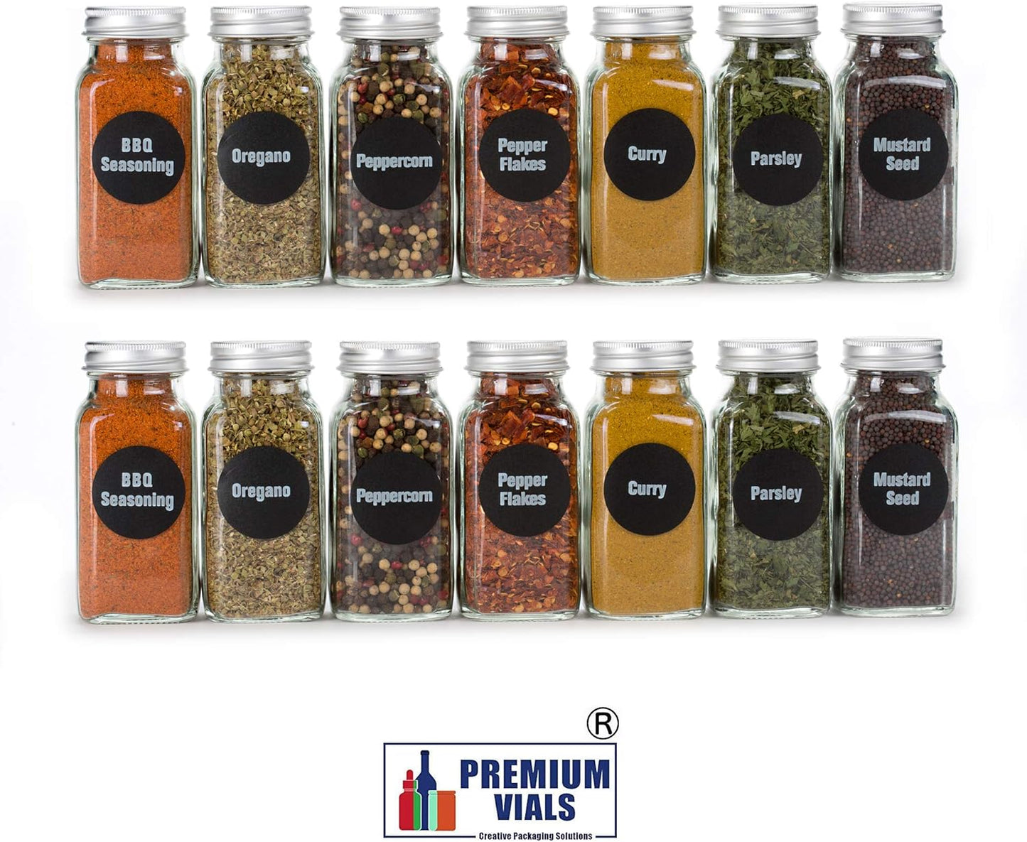 6oz, BEST VALUE 14 Large Glass Spice Jars includes pre-printed 126 Chalkboard Spice Labels plus 113 PVC Clear Labels. 14 Square Empty Jars, Airtight Cap, kitchen Funnel Pour/Sift Shakers