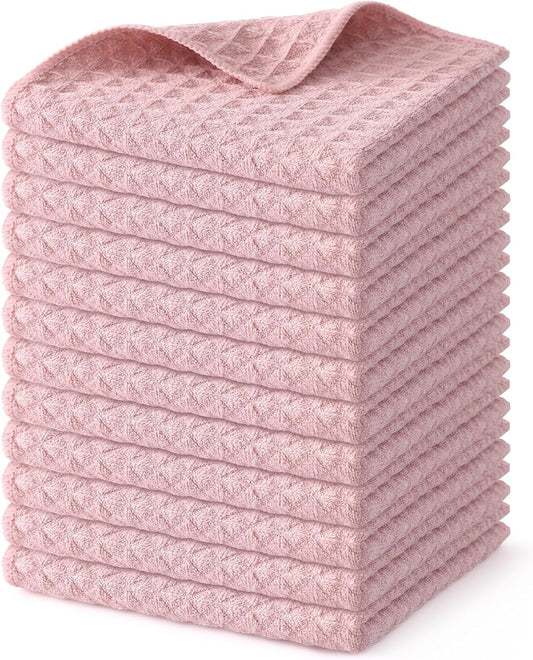 Homaxy Microfiber Waffle Weave Kitchen Dish Cloths, 12 x 12 Inch Ultra Absorbent and Solid Color Dish Towels for Kitchen Fast Drying Dishcloth for Washing Dishes, 12 Pack, Pink