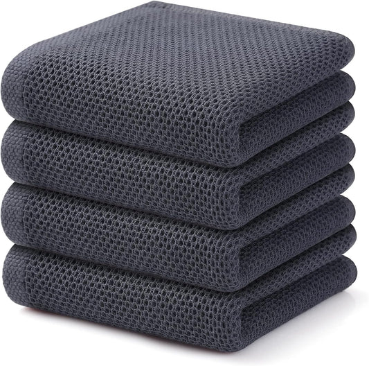 Kitinjoy 100% Cotton Waffle Weave Kitchen Towels, 4-Pack Super Soft and Absorbent Dish Towels for Drying Dishes, Kitchen Hand Towels, 13 in x 28 in, Dark Grey