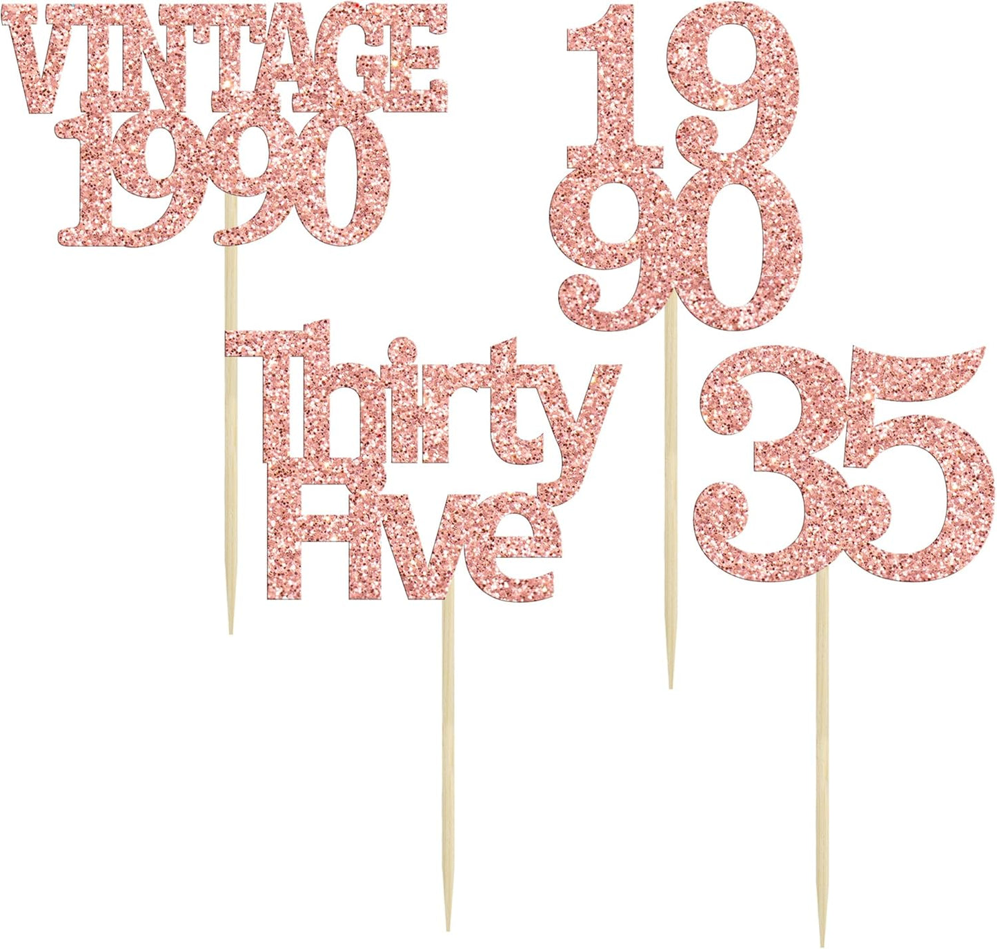 Gyufise 24Pcs Happy 35th Birthday Cupcake Toppers Glitter Thirty Five 35 Fabulous Vintage 1990 Cupcake Picks for 30th Birthday Wedding Anniversary Party Cake Decorations Supplies Rose Gold