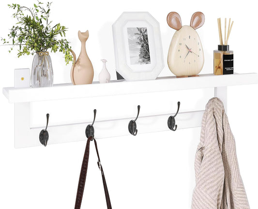 SMIBUY Coat Hooks with Shelf Wall-Mounted, 29.2 Inch Entryway Coat Rack for Wall, Bamboo Hanging Shelf with 5 Double Metal Hooks for Bathroom, Bedroom, Kitchen, Living Room (White + Black)