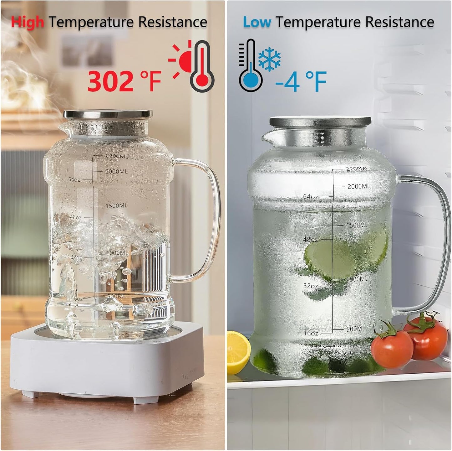 Glass Pitcher with Lid, 2 PACK 74 oz/2.2L Water Pitcher, Clear Borosilicate Glass Water Carafe for Cold Brew, Coffee, Lemonade, Iced SunTea,Beverage, Heat Resistant Water Glass Jug