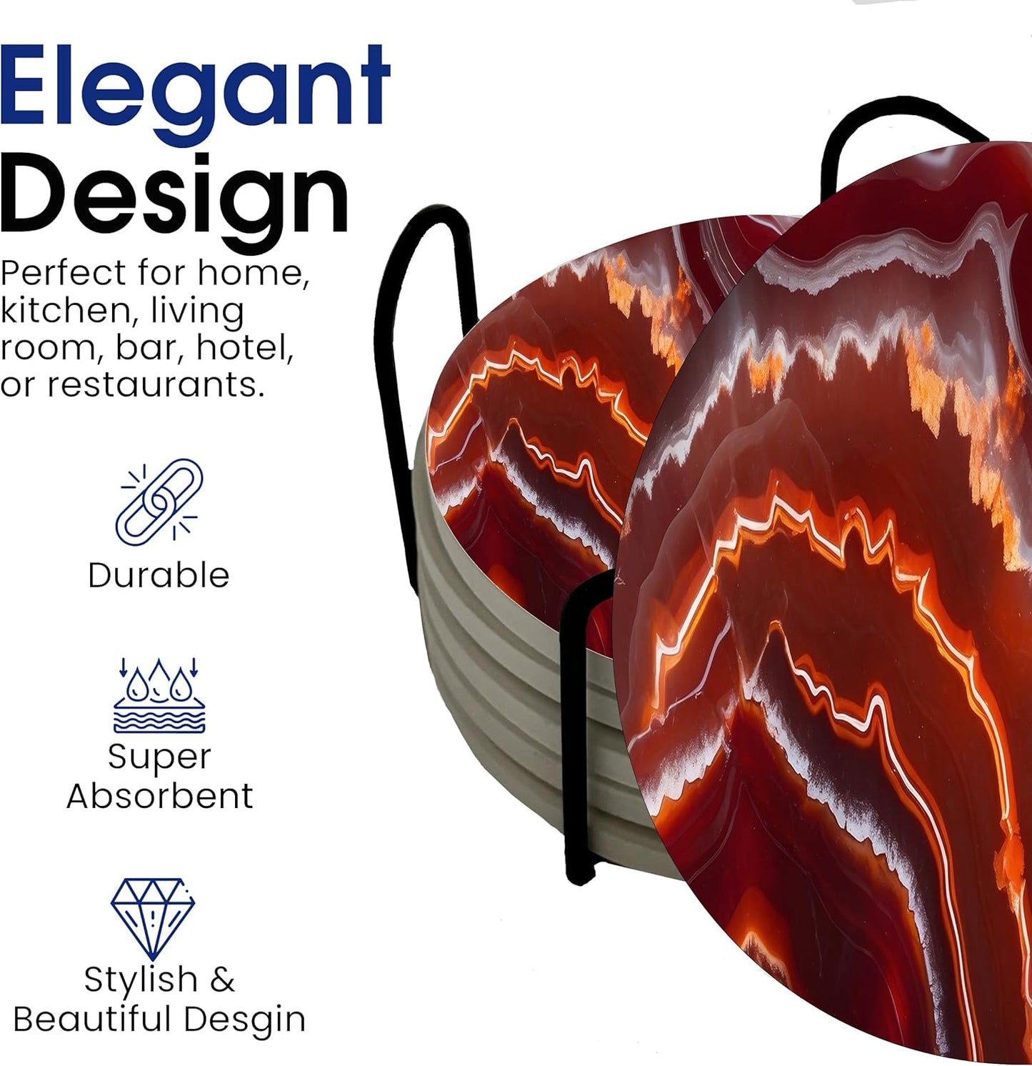 Red Agate Marble Round Coasters Set of 6 - Abosrbent Ceramic Coasters with Metal Stand for Drinks, Coffee, Non-Slip Cork Back for Tabletop Protection, 4 Inches Marbled Pattern (Agate)