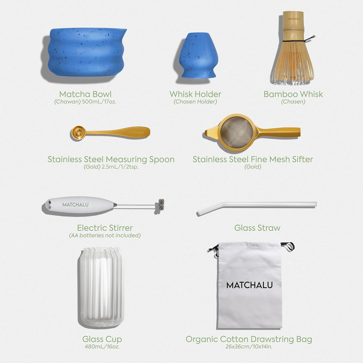 Premium 9 Piece Matcha Set Includes Ceramic Matcha Bowl, Bamboo Whisk & Holder, Stainless Steel Spoon & Sifter, Glass Cup & Straw, Electric Frother, Storage Bag - Gift for Matcha Lovers (Blue)