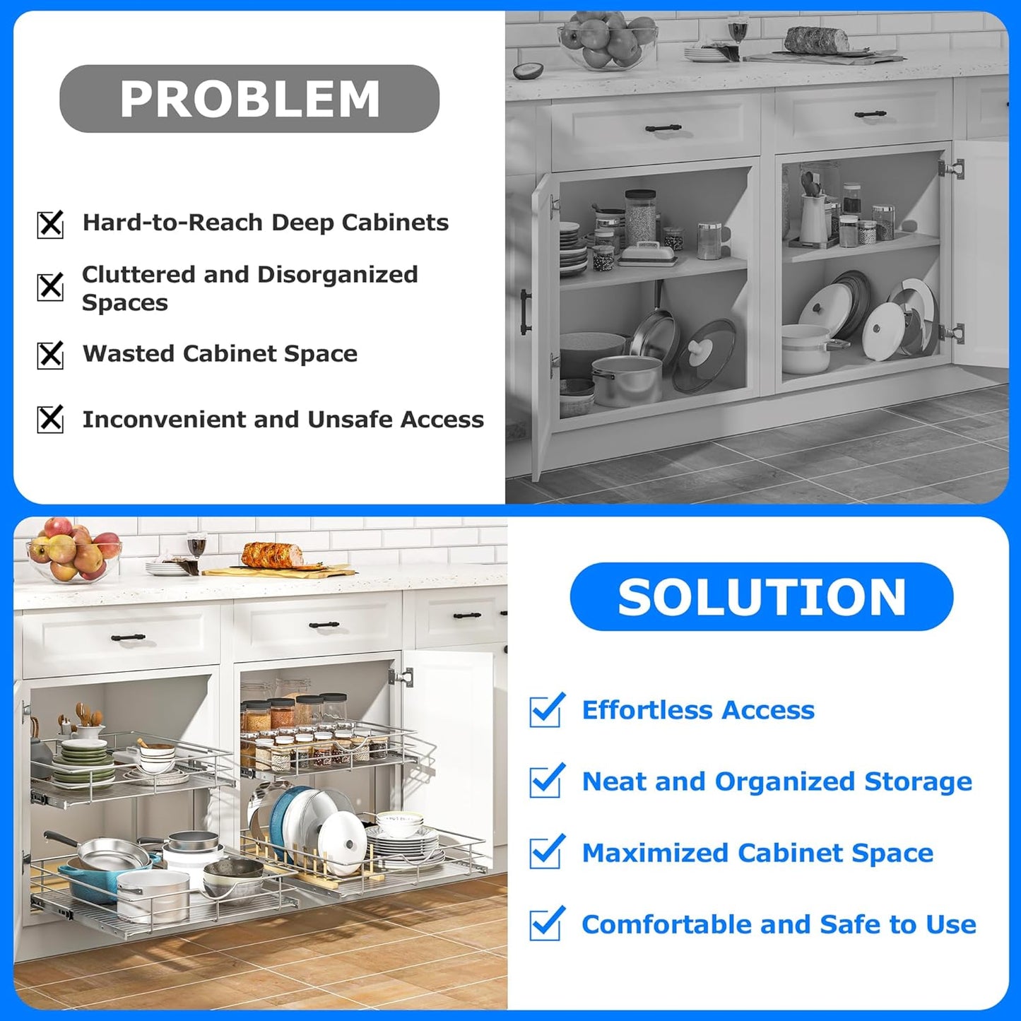 WelFurGeer 2-Tier Kitchen Cabinet Pullout Shelf and Drawer Organizer, Soft Close Pantry Pull Out Shelves, Heavy Duty Pull Out Cabinet Organizer with Shelf Liner for Kitchen Cabinets, Pantry Storage