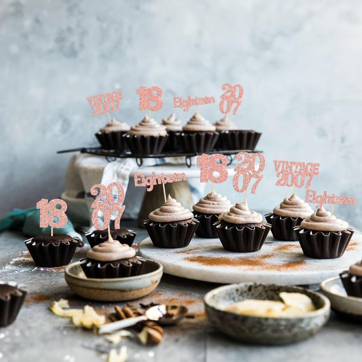 Gyufise 24Pcs 18th Birthday Cupcake Toppers Glitter Eighteen Vintage 2007 Hello 18 Years Birthday Cupcake Picks Adultish 18 Cake Decoration for Happy 18th Birthday Anniversary Party Supplies Rose Gold