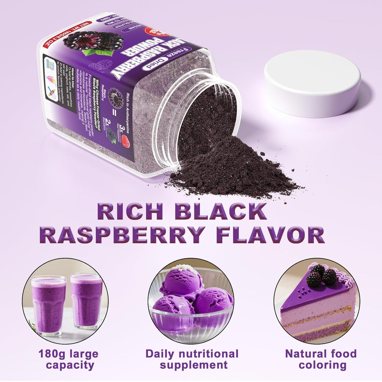 Freeze Dried Black Raspberry Powder - 180g Super Fruit Powder, 100% Black Raspberry Extract, No Additive, No Artifical Sugar Non-GMO Natural Food Coloring for Baking, Smoothies, Yogurt