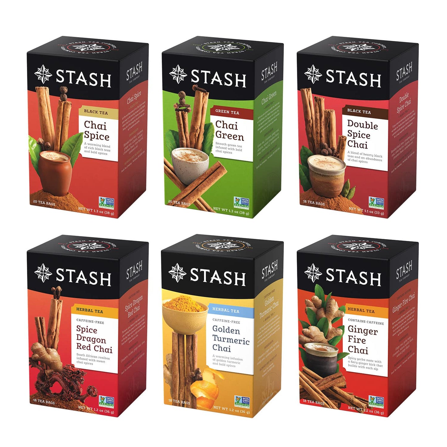Stash Tea Chai Tea Variety Pack Sampler Assortment - Caffeinated, Non-GMO Project Verified Premium Tea with No Artificial Ingredients, 18-20 Count (Pack of 6)