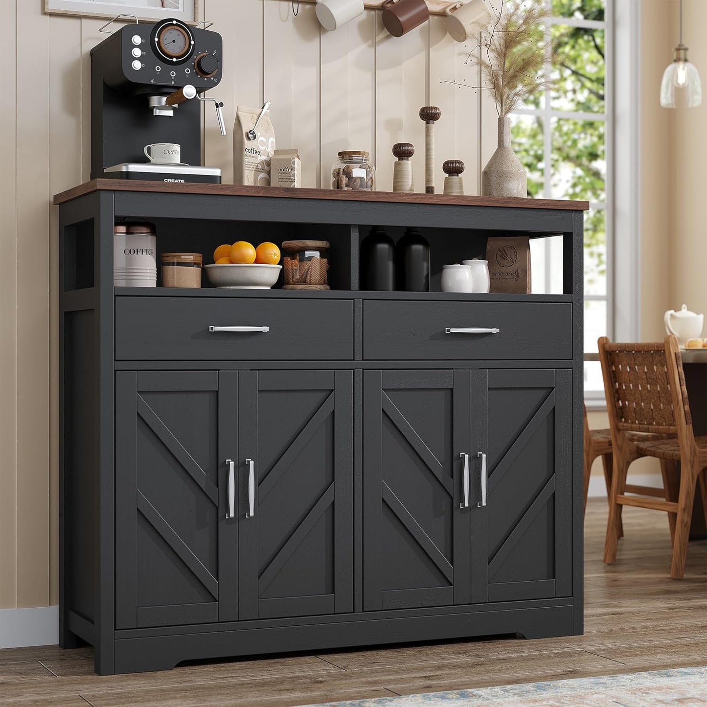 Buffet Sideboard with Storage Farmhouse with 4 Doors, 47'' Large Kitchen Storage Cabinet Wood Coffee Bar Cabinet Buffet Table with Shelves for Kitchen, Dining Room, Entryway
