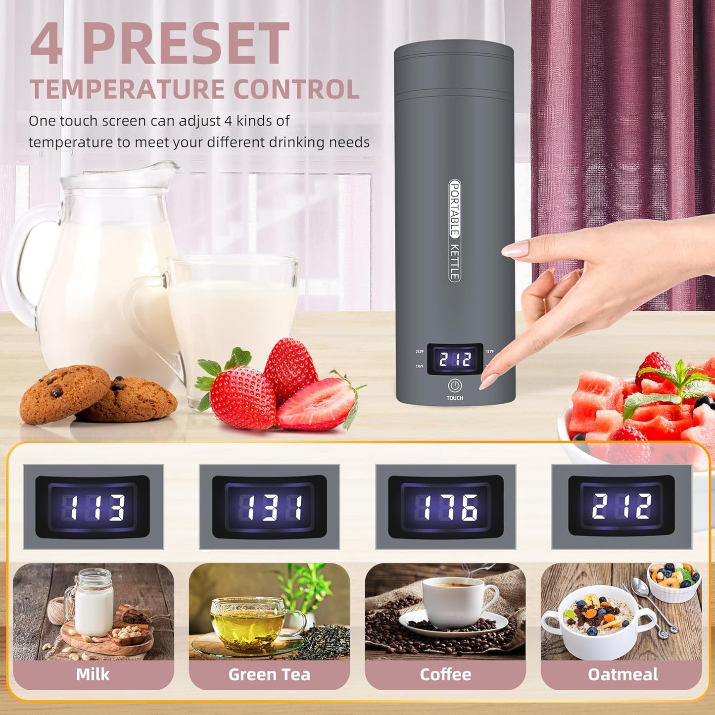 Travel Electric Kettle Portable Small Mini Tea Coffee Kettle Water Boiler, Water Heater with 4 Temperature Control,304 Stainless Steel with Auto Shut-Off & Boil Dry Protection, BPA-Free (Grey)