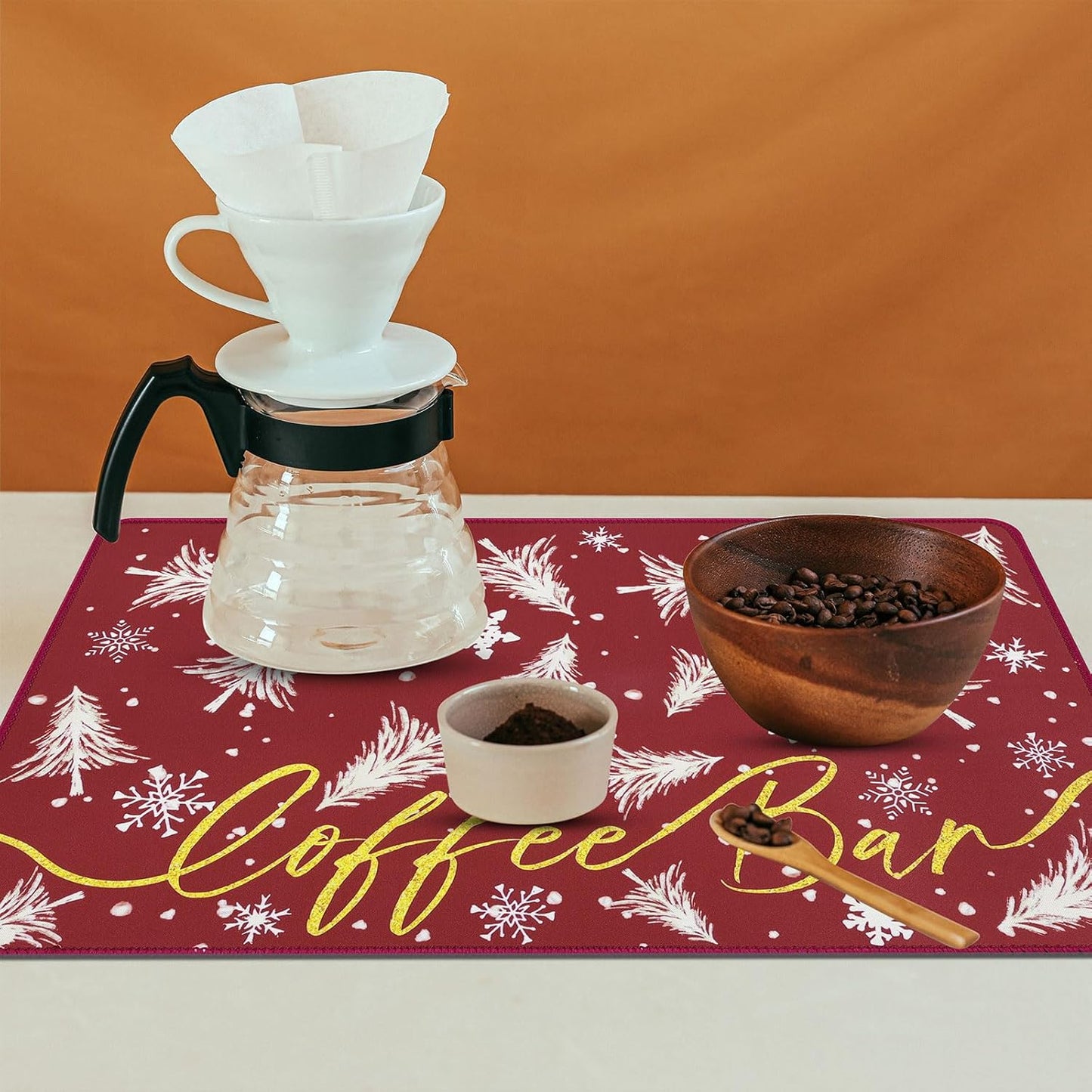 SHACOS Christmas Coffee Mat 2-Pack 12x19 Absorbent Non Slip Coffee Maker Mat for Countertop Accessories Heat Resistant, Christmas Red