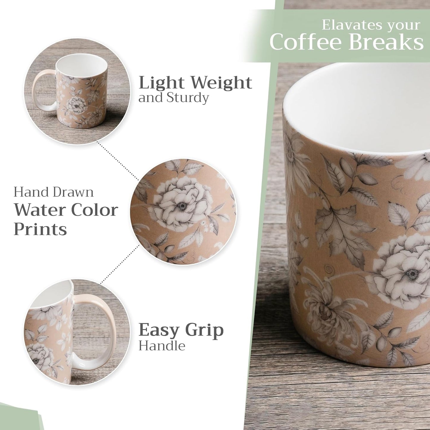 Maison d' Hermine Coffee Mug with Handles Fine Bone China Mugs Pack of One Tea Cups for Hot Beverages Cappuccino Latte Home Restaurant Office Perfect for Gift (Pretty Autumn - Pretty Mono, 12 Ounce)