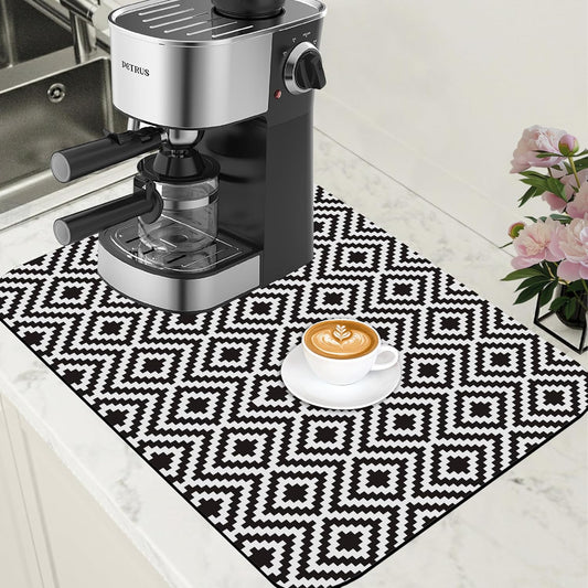 Dish Drying Mat Black and White Geometric Coffee Bar Mat for Countertop Absorbent Rubber Backed Hide Stain Dish Drainer Rack Pad Coffee Pot Espresso Machine Dining Room Decor 15.7 x 23.6 Inch