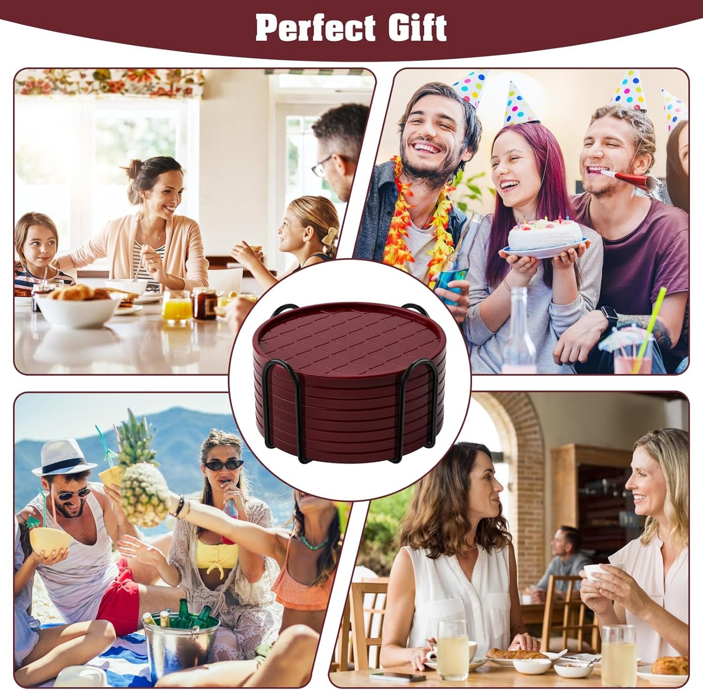 Coasters,Drink Coasters Set of 8 with Holder (Wine red, 12pcs)
