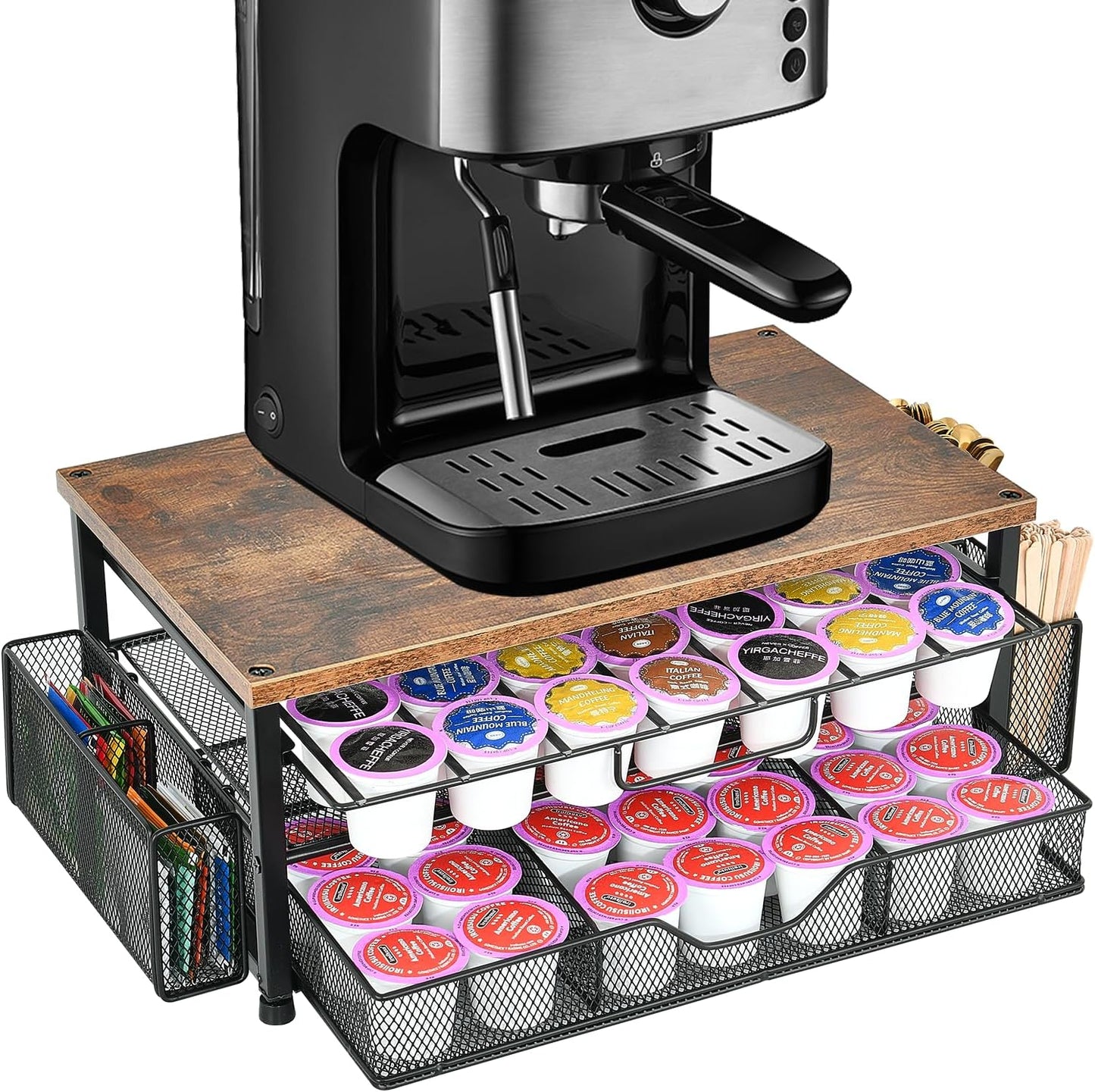 Spacrea K Cup Holder Organizer, Coffee Pod Holder for Countertop with 2 Tier Sliding Storage Drawer and Coffee Accessories Holder, 63 Large Capacity or 80 Small Capsules, Home Kitchen