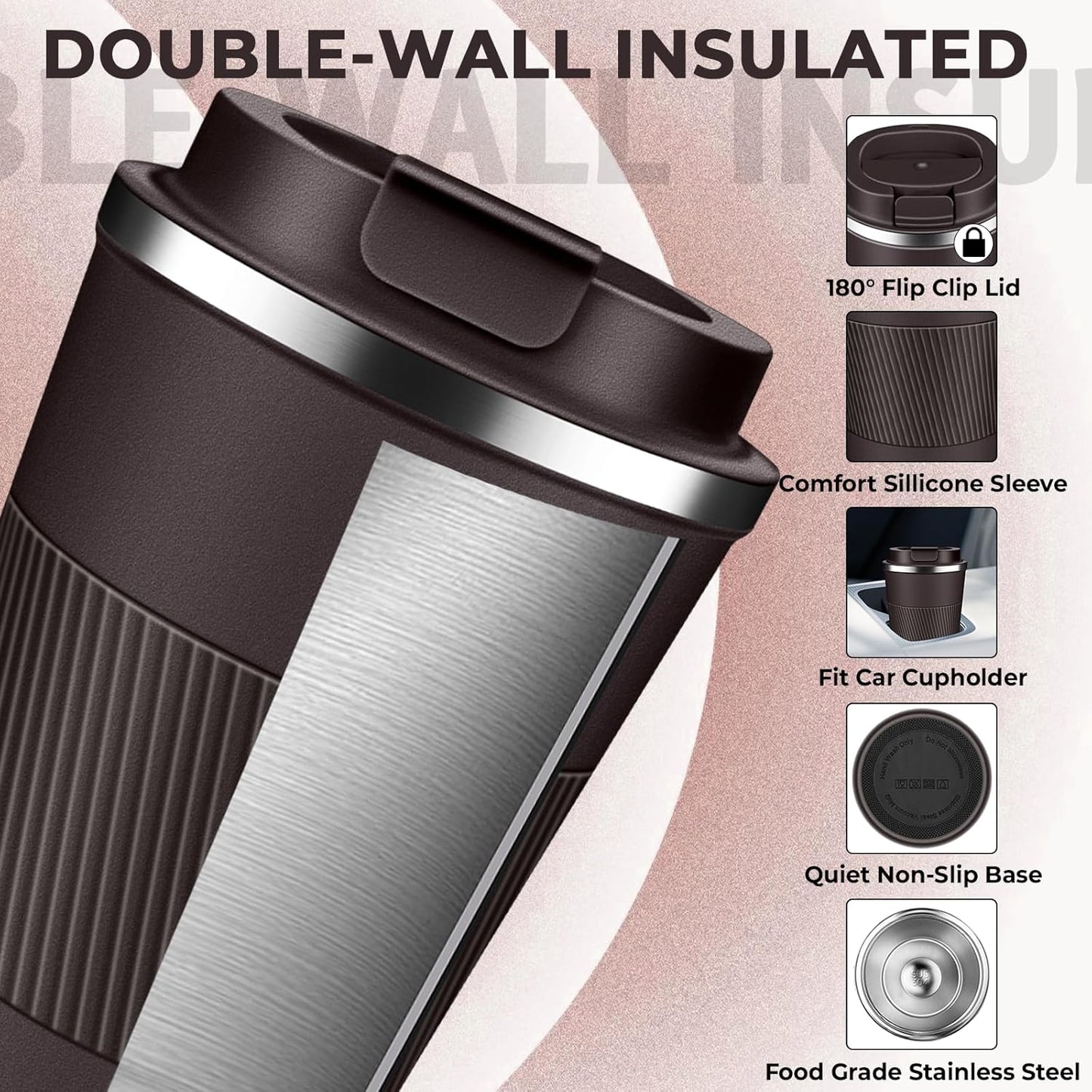 Insulated Coffee Tumbler 12 oz, Stainless Steel Coffee Mug with Lids, Travel Coffee Mug Leak Proof, Double Wall Vacuum Insulated Reusable Coffee Cup, Keep Drinks Hot and Cold, Dark Chocolate, 12 Ounce