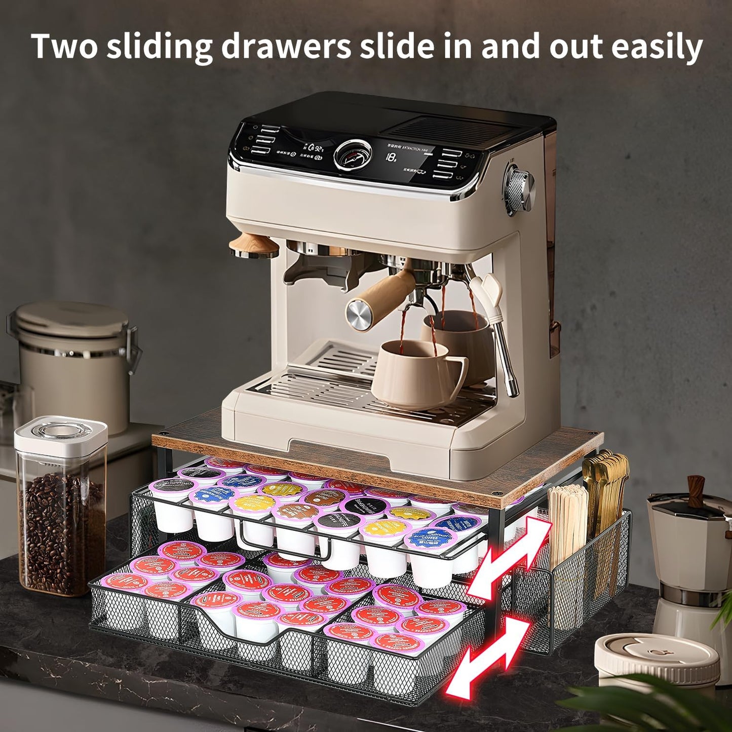 Spacrea K Cup Holder Organizer, Coffee Pod Holder for Countertop with 2 Tier Sliding Storage Drawer and Coffee Accessories Holder, 63 Large Capacity or 80 Small Capsules, Home Kitchen