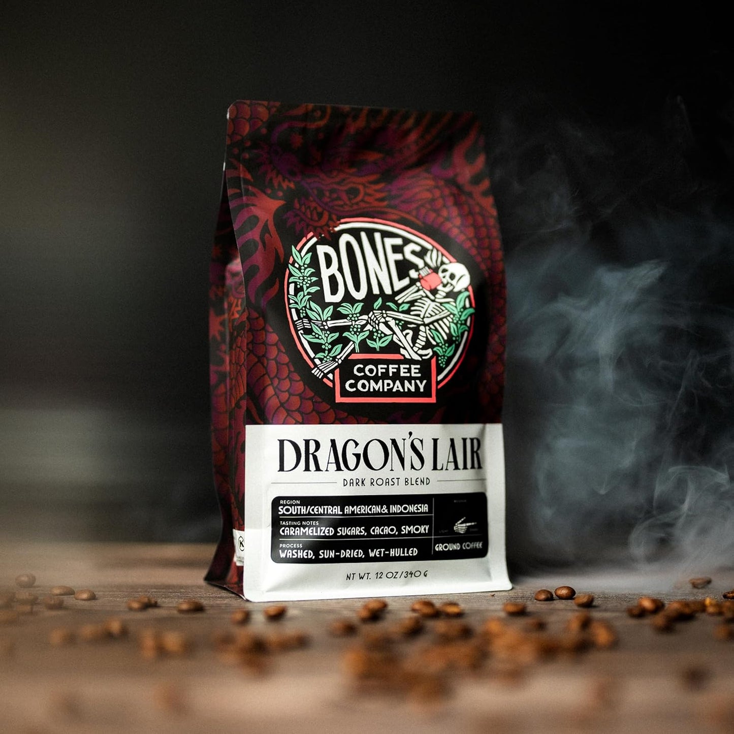 Bones Coffee Company Dragon's Lair, Smokey, Cacao and Caramelized Sugar Notes, Unflavored Coffee, Medium Roast Low Acid Arabica Beans Compatible with Auto drip and French Press Coffee Maker, 12 Oz Ground