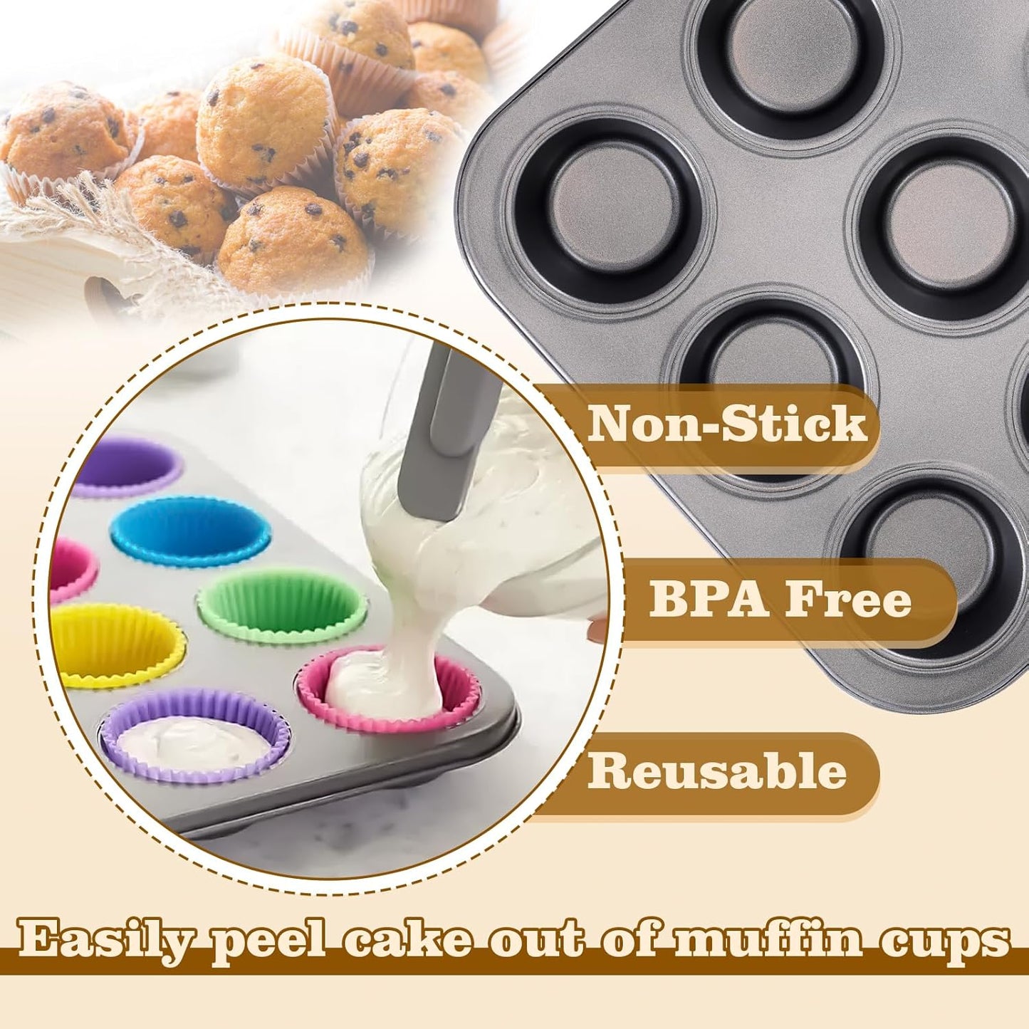 BEWOS 2 PCS Non-Stick 12 Cup Muffin Pan, Carbon Steel Mini Muffin Pan with 24 Reusable Silicone Silicone Molds, Dishwasher Safe & Easy Clean Muffin Tin, Baking Moulds for Muffins or Cupcake（Grey）