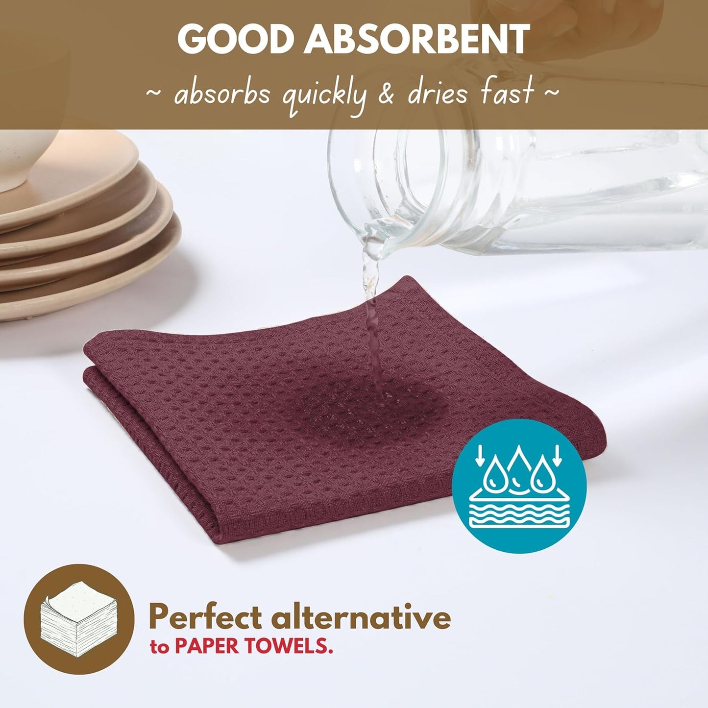 Native Fab 6 Pack Cotton Waffle Dish Cloths - 12x12 inch, Soft, Absorbent & Quick Drying Towels for Cleaning, Cooking & Baking - Great for Home, Restaurants, Cafes & Bars - Burgundy Wine