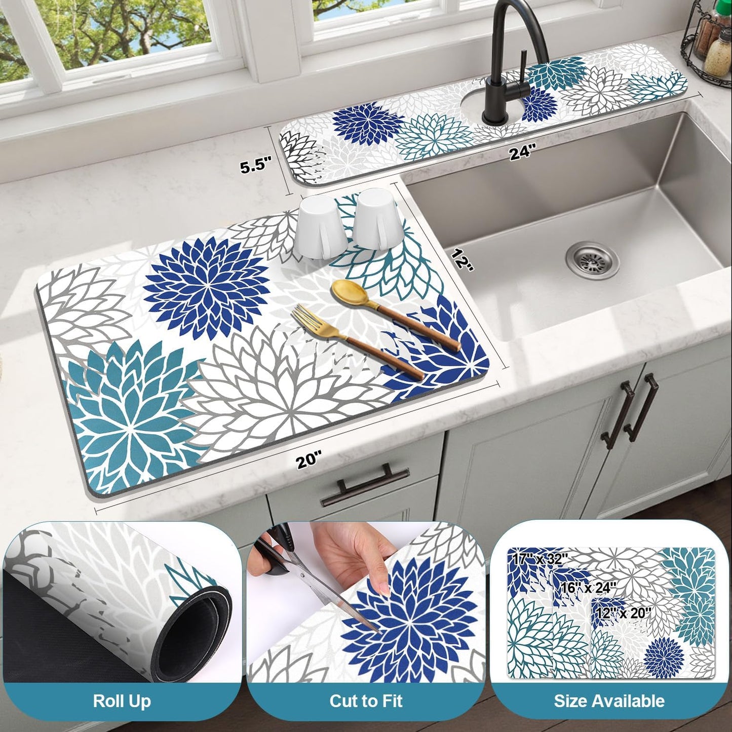 Findosom 2PCS 12" x 20" Dish Drying Mat & 24" x 5.5" Sink Splash Guard, Super Absorbent & Cuttable Dish Mat Drying Kitchen Mat with Blue Floral, Hide Stain Drying Mat for Kitchen Counter