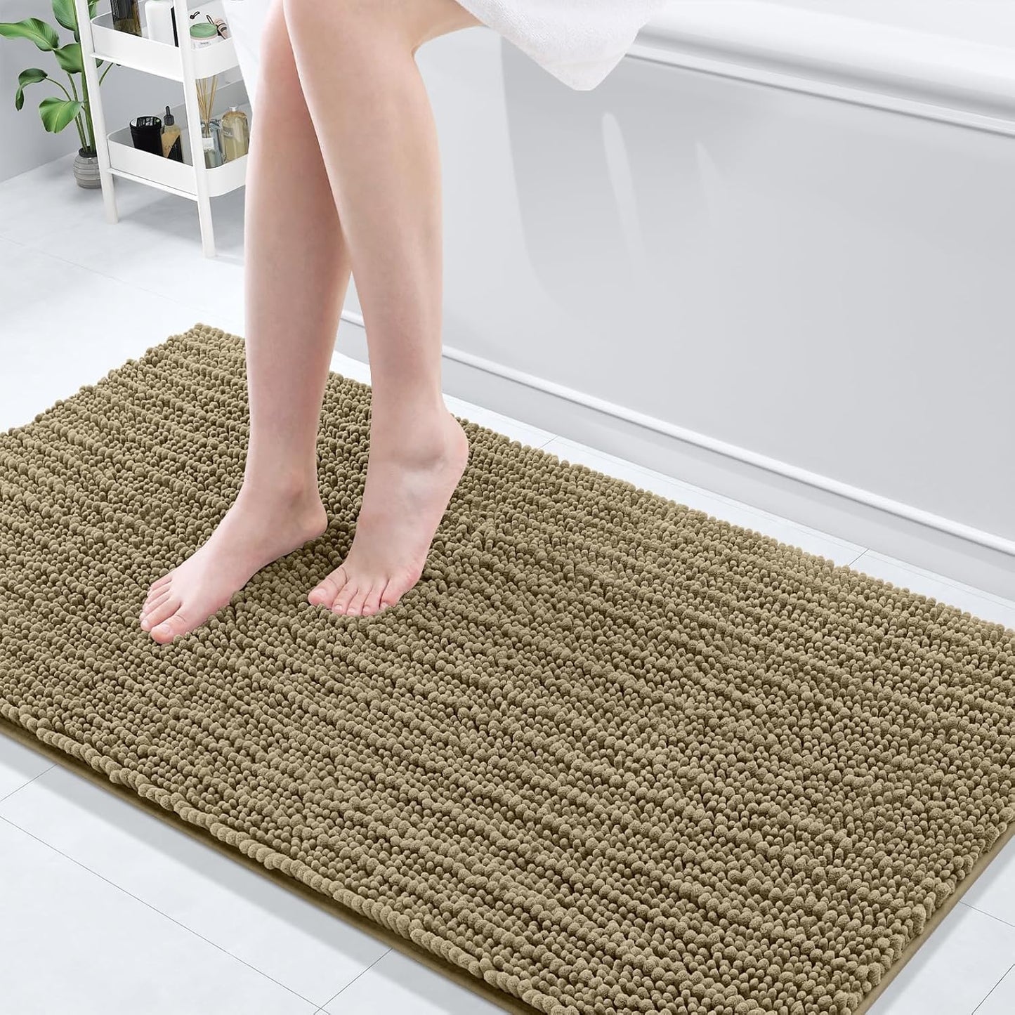 Arotive Luxury Chenille Bathroom Rug Mat, Extra Soft Thick Absorbent Shaggy Bath Rugs, Non-Slip Machine Wash Dry, Plush Bath Mats for Bathroom, Shower and Tub, 60x24, Camel