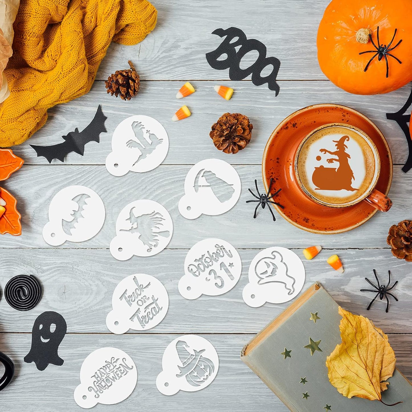 Marspark 30 Pieces Holiday Cookie Coffee Stencils Latte Art Halloween Thanksgiving Christmas Cookie Baking Stencils Templates Decoration for Cake Bread Decor, Reusable Sourdough Painting Mold Tools