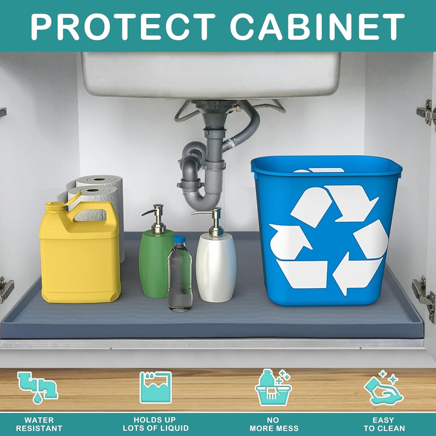 URMONA Waterproof Silicone Under Sink Mat 22'' x 14'' Shelf Liner for Kitchen and Bathroom, Cabinet and Counter Protector, Storage and Organizers, Litter Mat, Pet Cat Puppy Essentials(Cream)