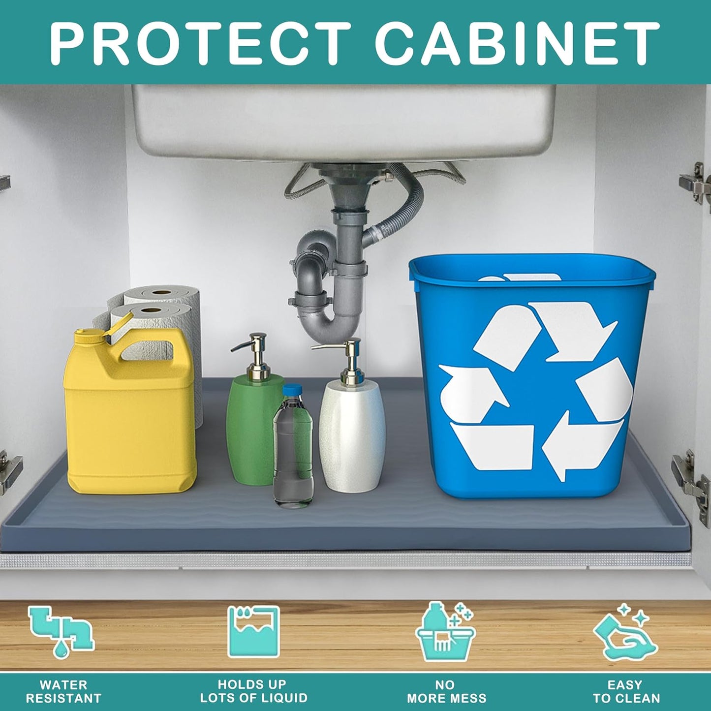 URMONA Waterproof Silicone Under Sink Mat 19'' x 12'' Shelf Liner for Kitchen and Bathroom, Cabinet and Counter Protector, Storage and Organizers, Litter Mat, Pet Cat Puppy Essentials(Beige)